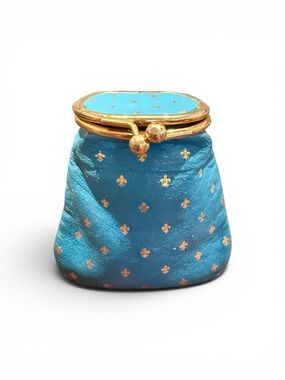 Vintage Italian Genuine Leather Coin Purse / Mini Pouch Blue & Gold Kiss Lock